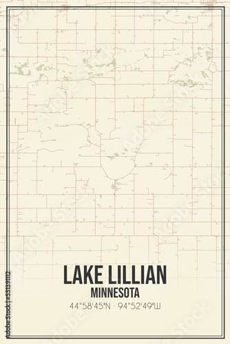 Retro US city map of Lake Lillian, Minnesota. Vintage street map. photo