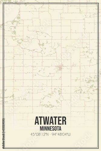 Retro US city map of Atwater, Minnesota. Vintage street map. photo