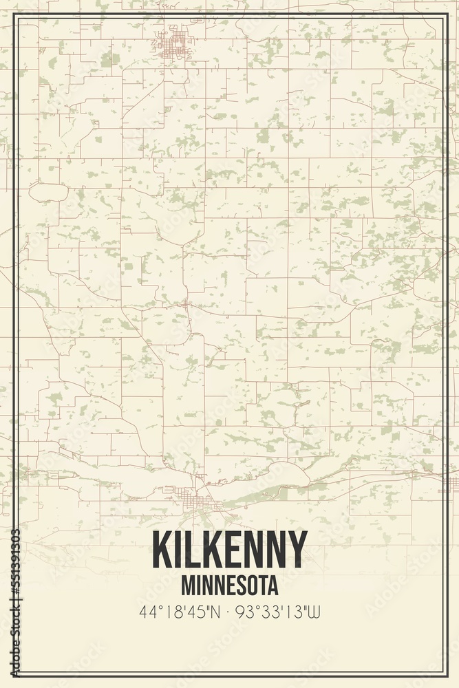 Retro US city map of Kilkenny, Minnesota. Vintage street map.