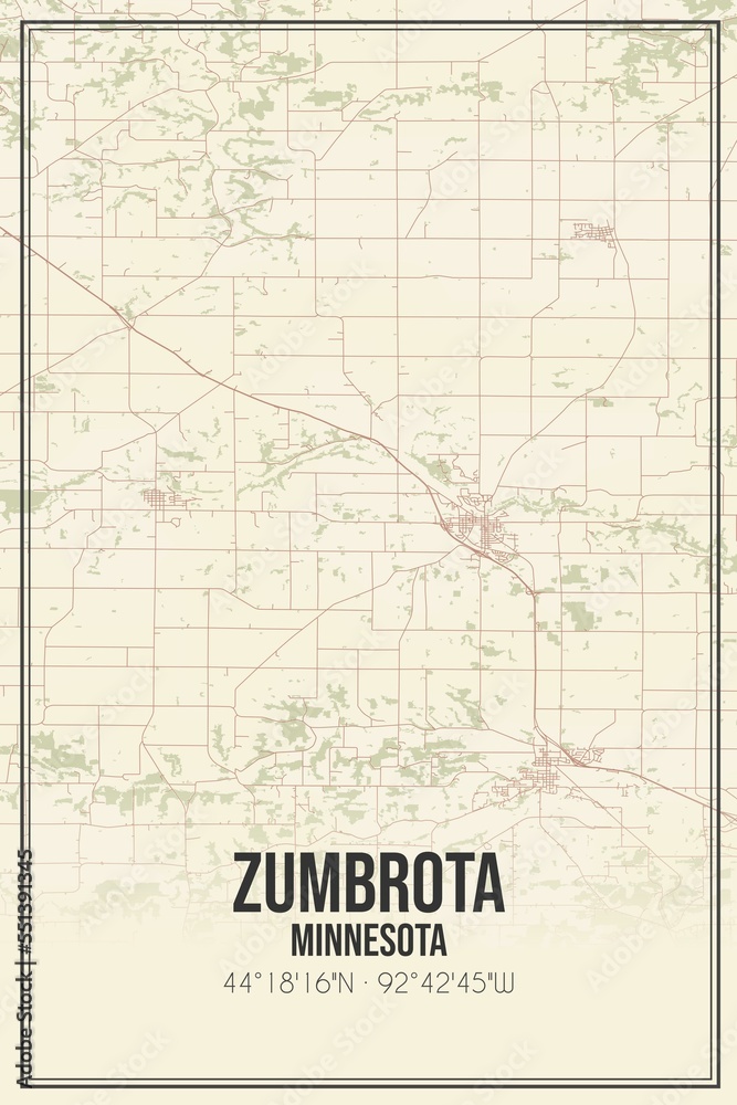 Retro US city map of Zumbrota, Minnesota. Vintage street map.