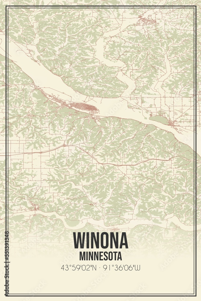 Retro US city map of Winona, Minnesota. Vintage street map.