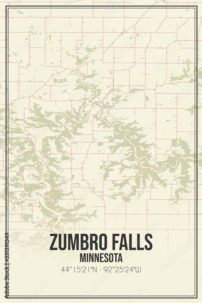 Retro US city map of Zumbro Falls, Minnesota. Vintage street map.