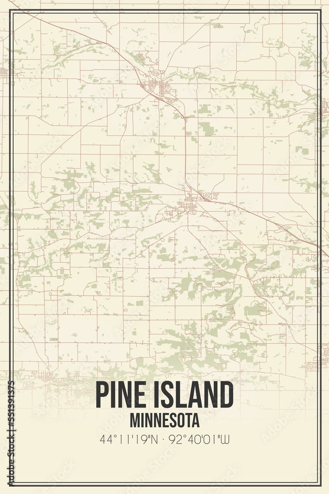 Retro US city map of Pine Island, Minnesota. Vintage street map.