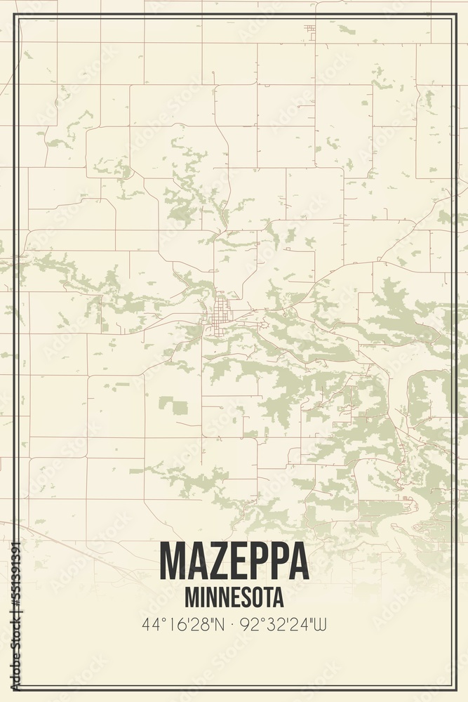Retro US city map of Mazeppa, Minnesota. Vintage street map.