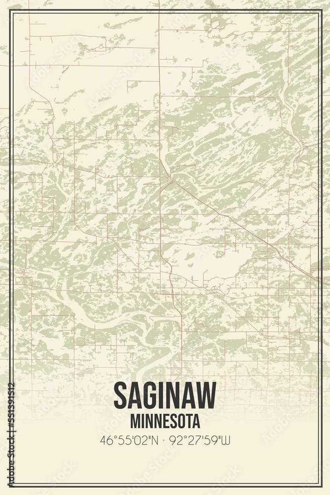 Retro US city map of Saginaw, Minnesota. Vintage street map.