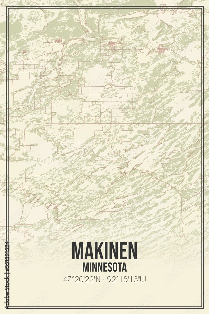 Retro US city map of Makinen, Minnesota. Vintage street map.