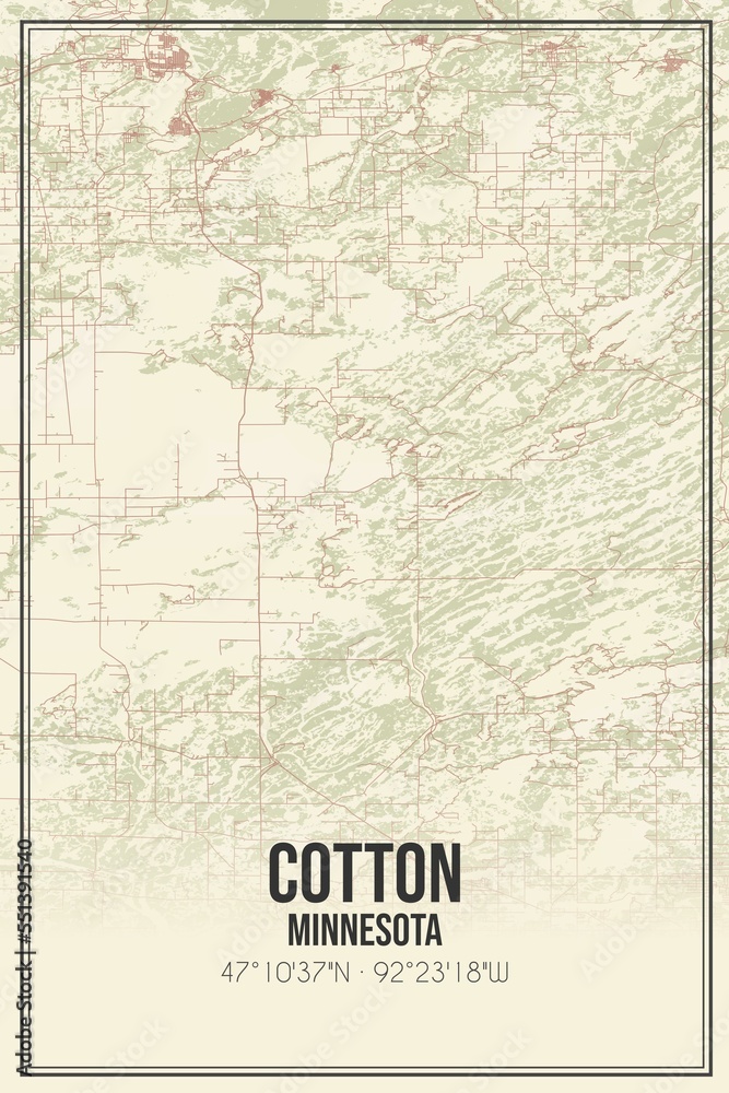 Retro US city map of Cotton, Minnesota. Vintage street map.