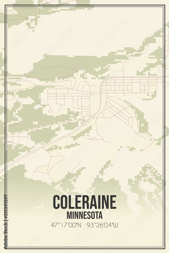 Retro US city map of Coleraine, Minnesota. Vintage street map.