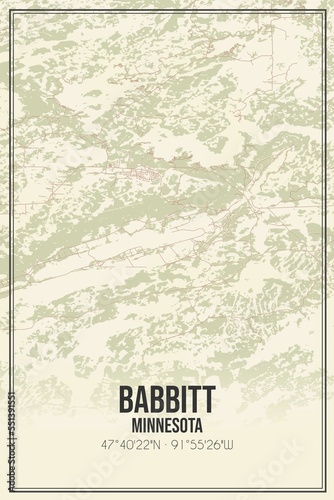 Retro US city map of Babbitt, Minnesota. Vintage street map.