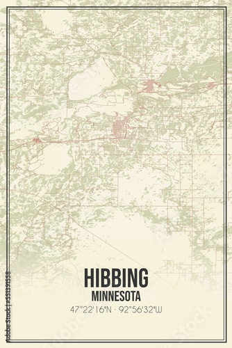 Retro US city map of Hibbing, Minnesota. Vintage street map. photo