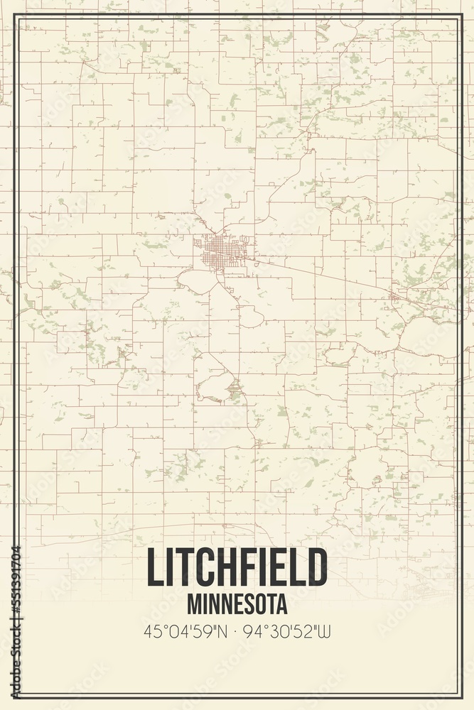 Retro US city map of Litchfield, Minnesota. Vintage street map.