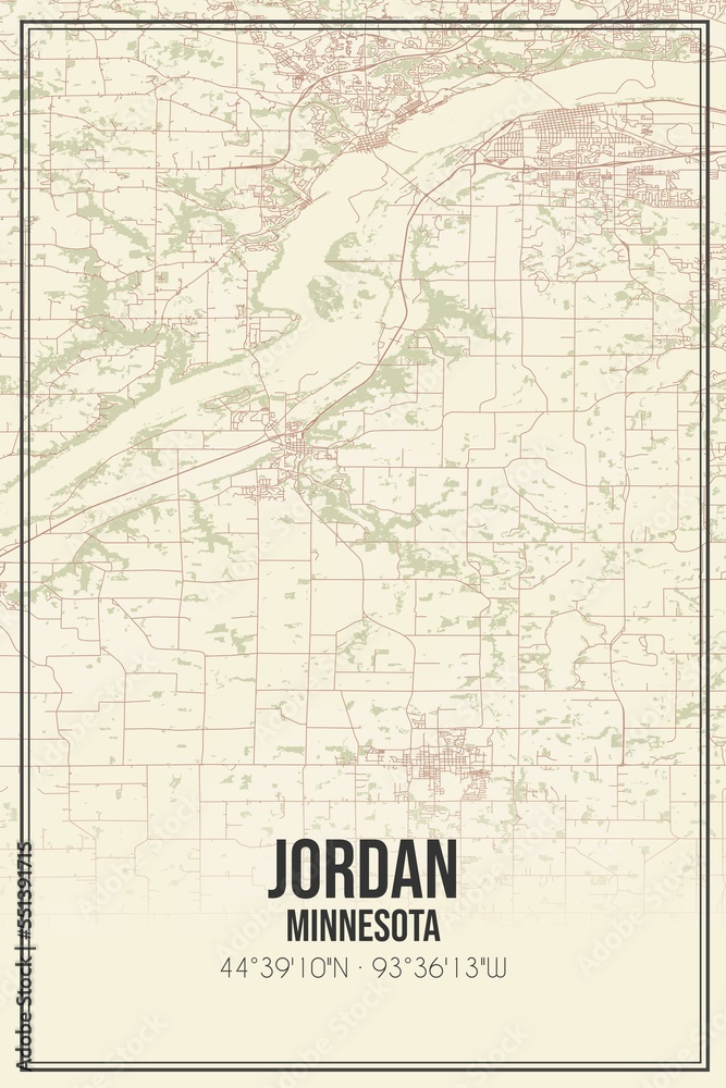 Retro US city map of Jordan, Minnesota. Vintage street map.