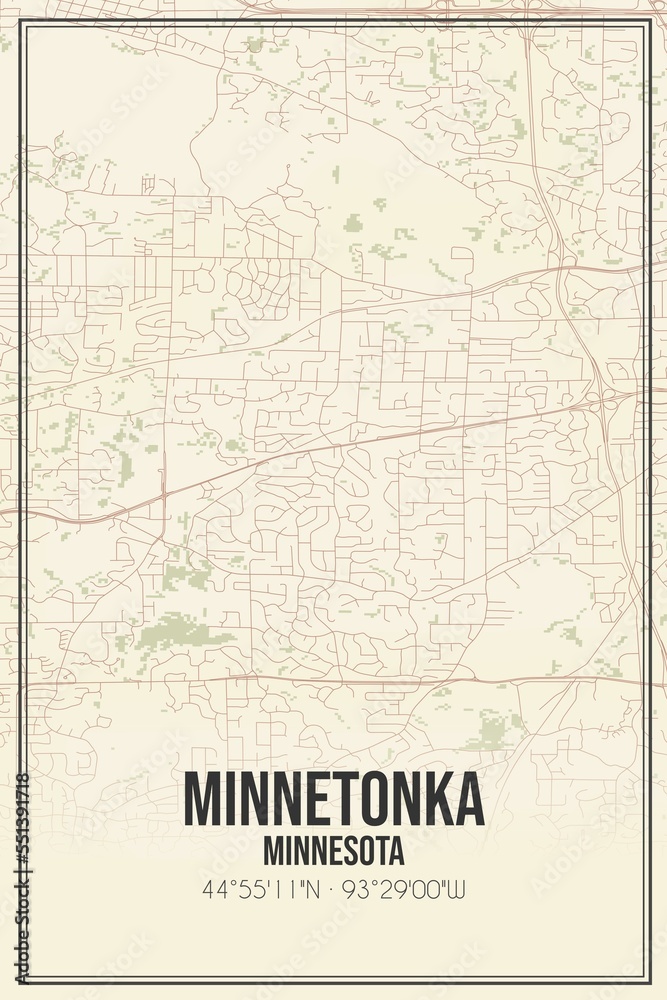 Retro US city map of Minnetonka, Minnesota. Vintage street map.