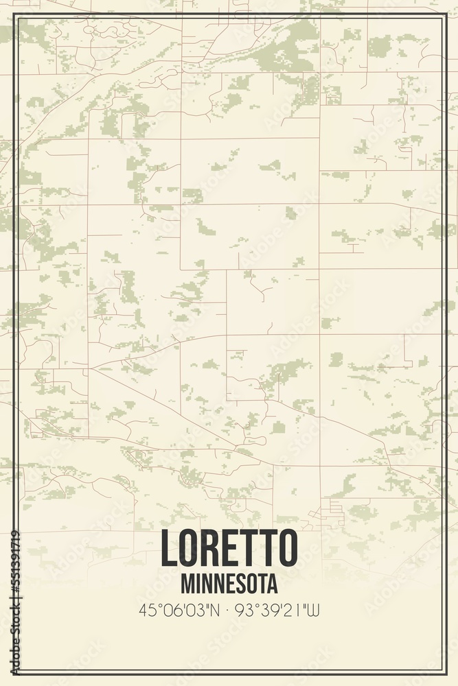 Retro US city map of Loretto, Minnesota. Vintage street map.