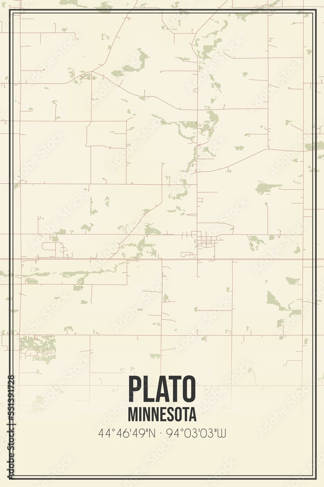 Retro US city map of Plato, Minnesota. Vintage street map.