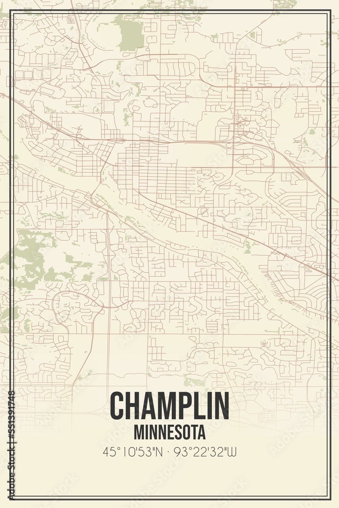 Retro US city map of Champlin, Minnesota. Vintage street map.