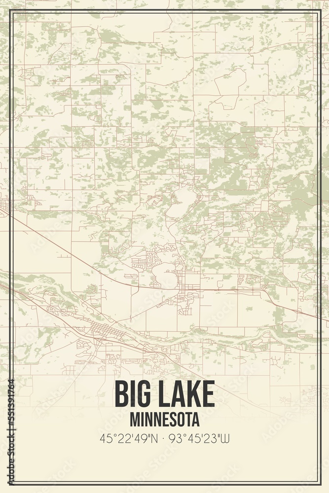 Retro US city map of Big Lake, Minnesota. Vintage street map.