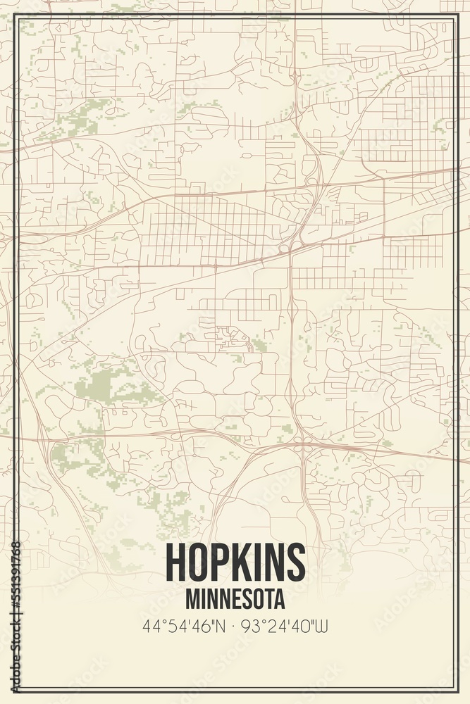 Retro US city map of Hopkins, Minnesota. Vintage street map.