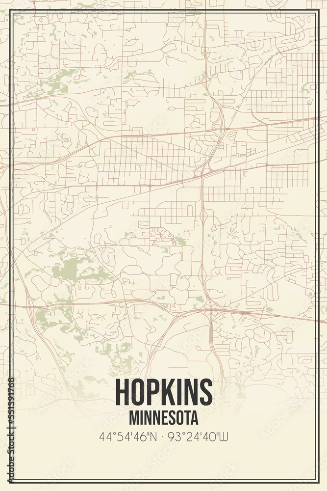 Obraz premium Retro US city map of Hopkins, Minnesota. Vintage street map.