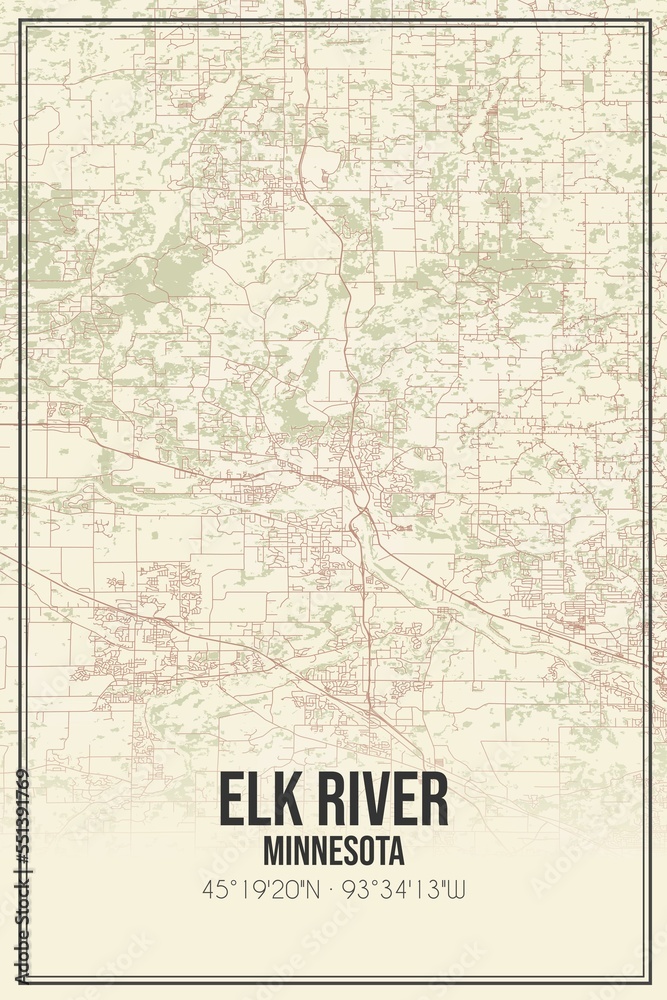 Fototapeta premium Retro US city map of Elk River, Minnesota. Vintage street map.