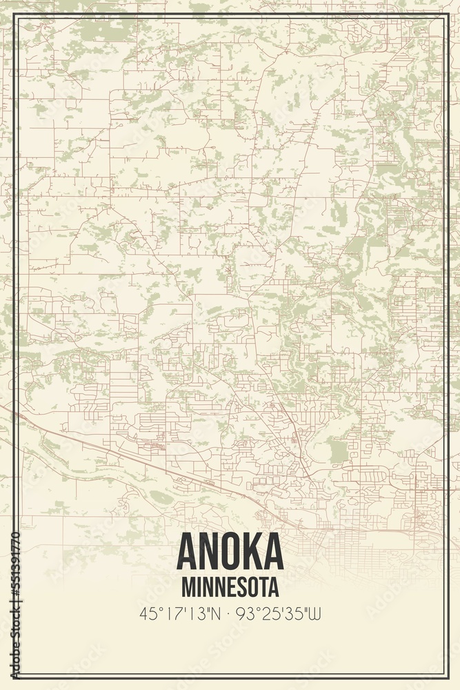 Fototapeta premium Retro US city map of Anoka, Minnesota. Vintage street map.