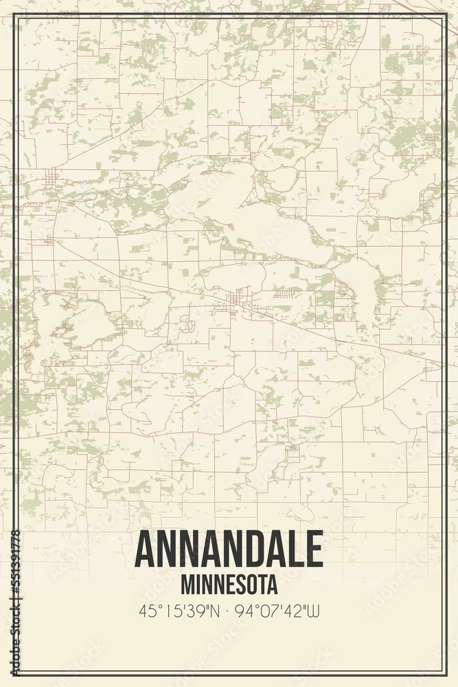 Retro US city map of Annandale, Minnesota. Vintage street map.