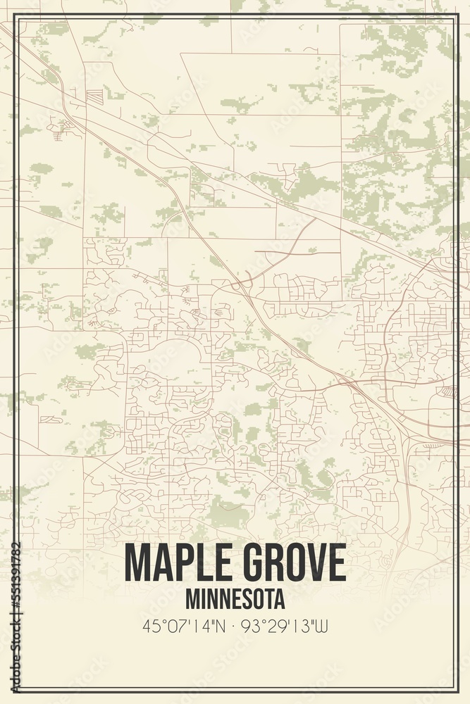 Retro US city map of Maple Grove, Minnesota. Vintage street map.