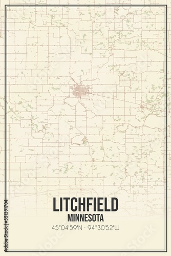 Retro US city map of Litchfield, Minnesota. Vintage street map. photo