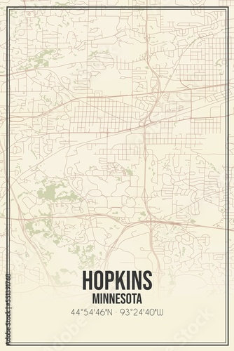 Retro US city map of Hopkins, Minnesota. Vintage street map. photo