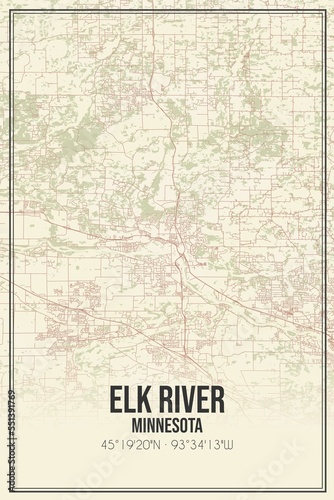 Retro US city map of Elk River, Minnesota. Vintage street map. photo