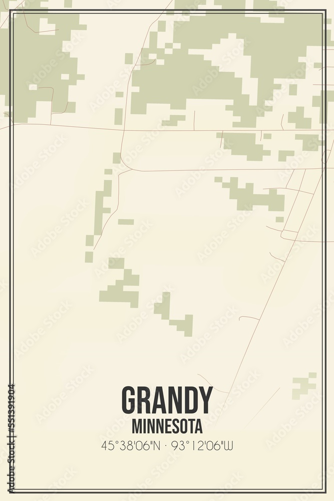 Retro US city map of Grandy, Minnesota. Vintage street map.