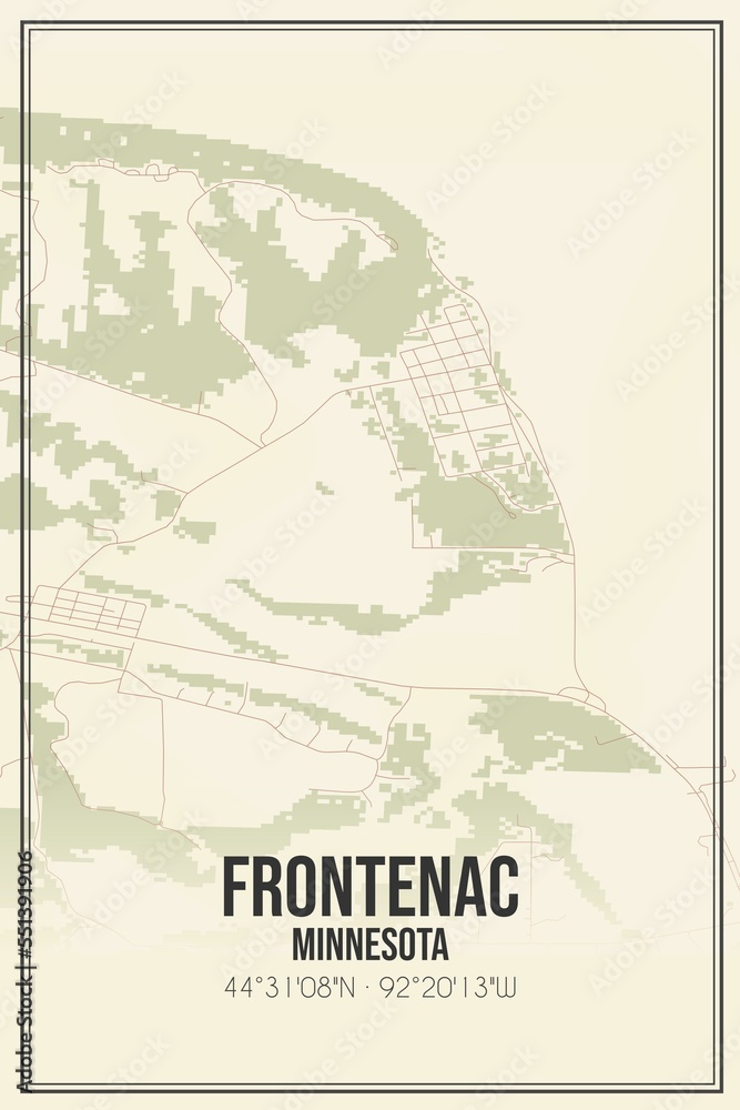 Retro US city map of Frontenac, Minnesota. Vintage street map.