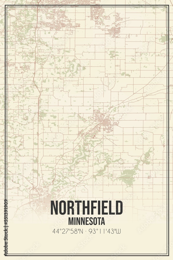 Retro US city map of Northfield, Minnesota. Vintage street map.