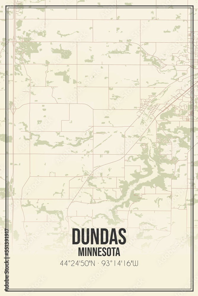 Retro US city map of Dundas, Minnesota. Vintage street map.