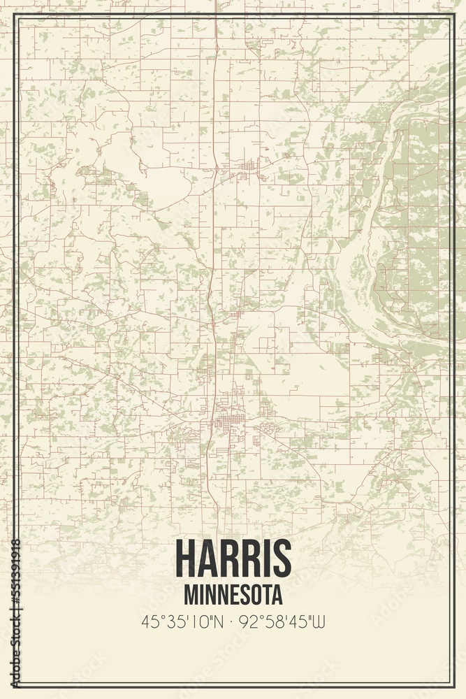 Retro US city map of Harris, Minnesota. Vintage street map.