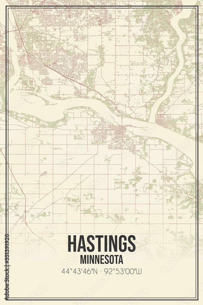 Retro US city map of Hastings, Minnesota. Vintage street map.