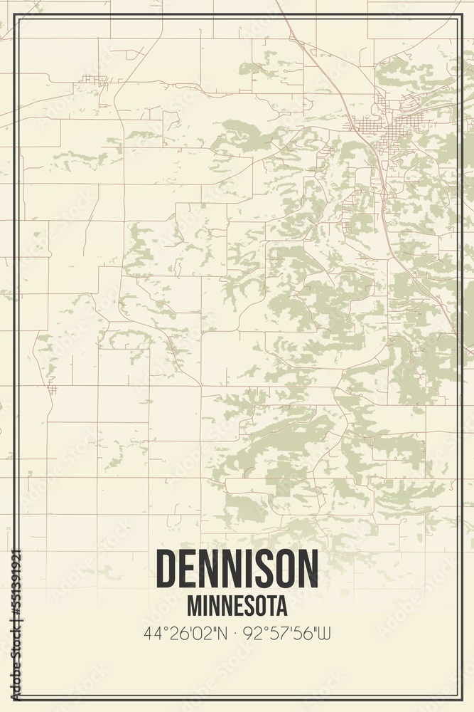 Retro US city map of Dennison, Minnesota. Vintage street map.