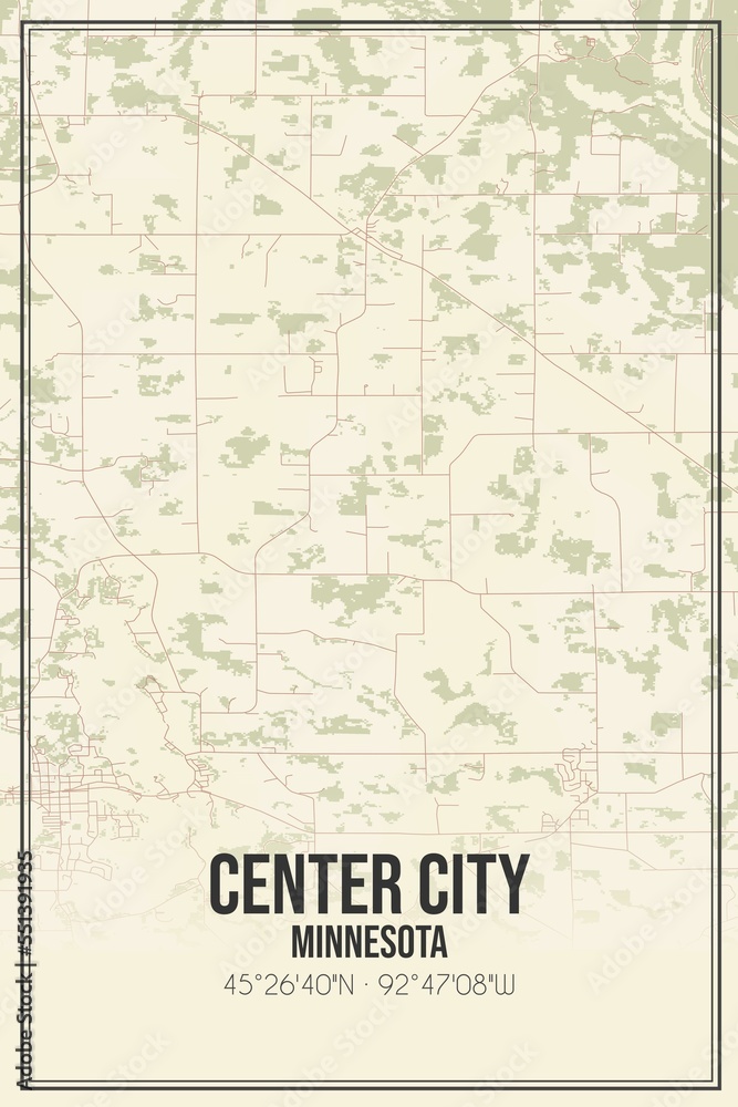 Retro US city map of Center City, Minnesota. Vintage street map.