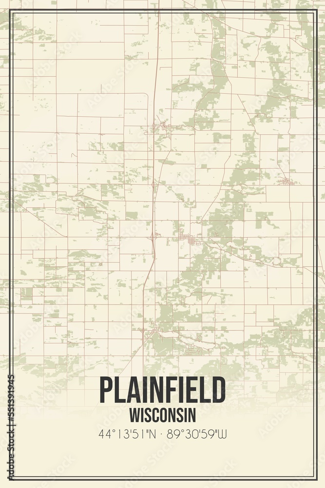 Retro US city map of Plainfield, Wisconsin. Vintage street map.