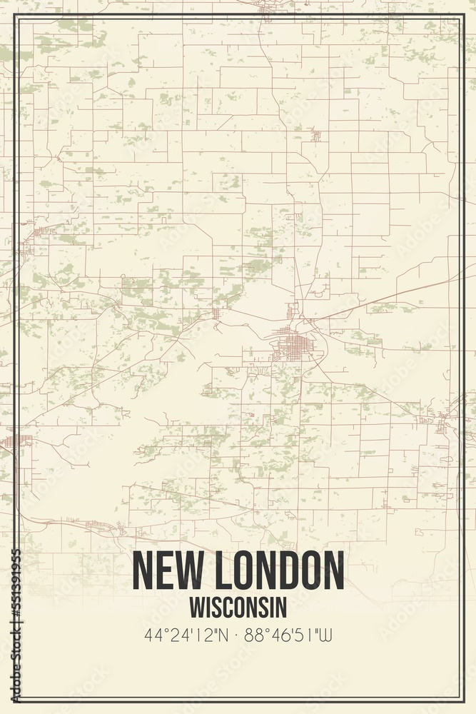 Retro US city map of New London, Wisconsin. Vintage street map.