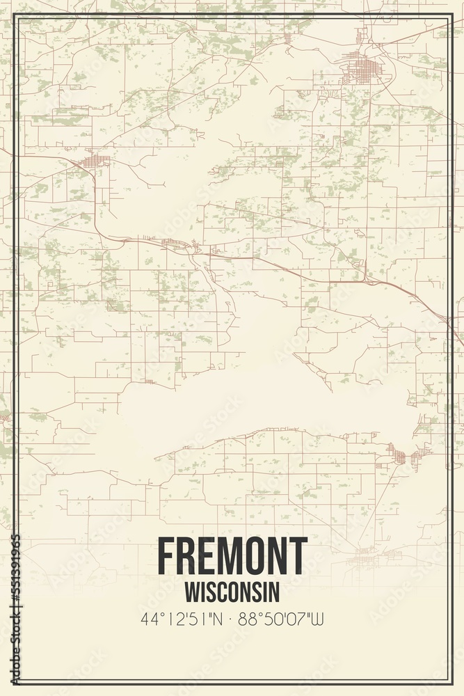 Retro US city map of Fremont, Wisconsin. Vintage street map.