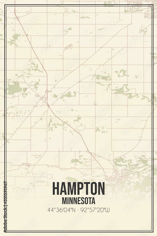 Retro US city map of Hampton, Minnesota. Vintage street map.