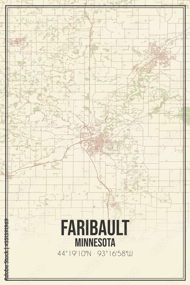 Retro US city map of Faribault, Minnesota. Vintage street map. Stock ...