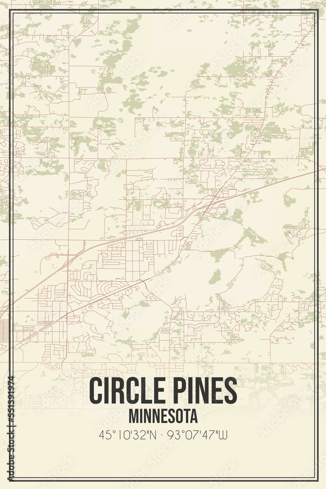 Retro US city map of Circle Pines, Minnesota. Vintage street map.