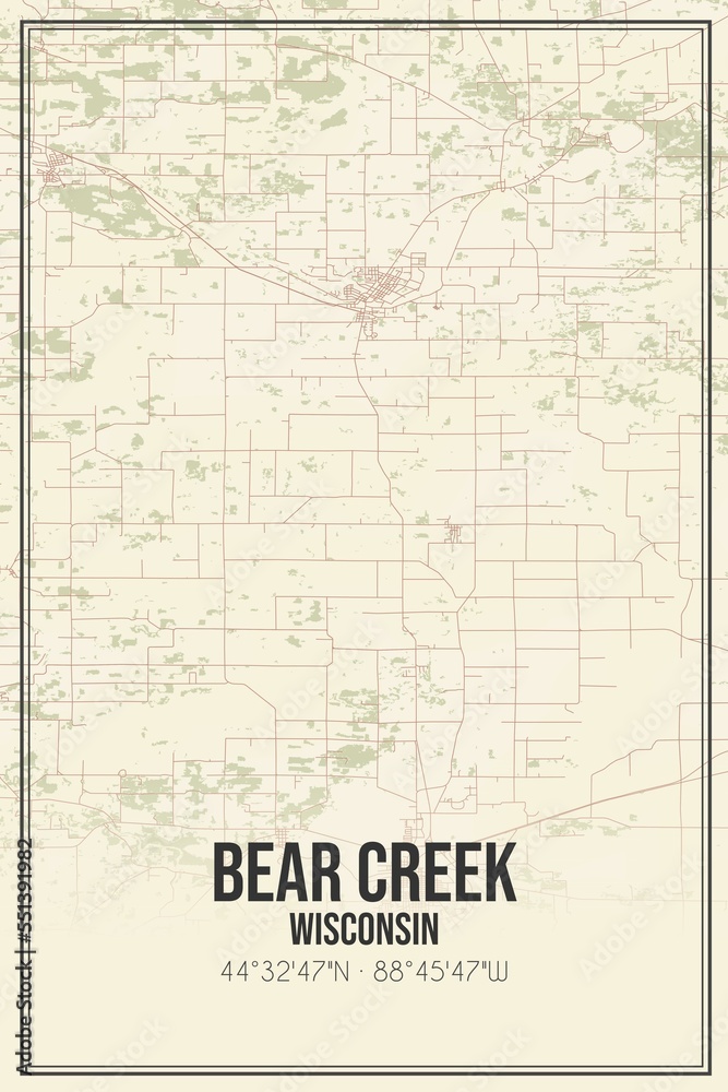 Retro US city map of Bear Creek, Wisconsin. Vintage street map.