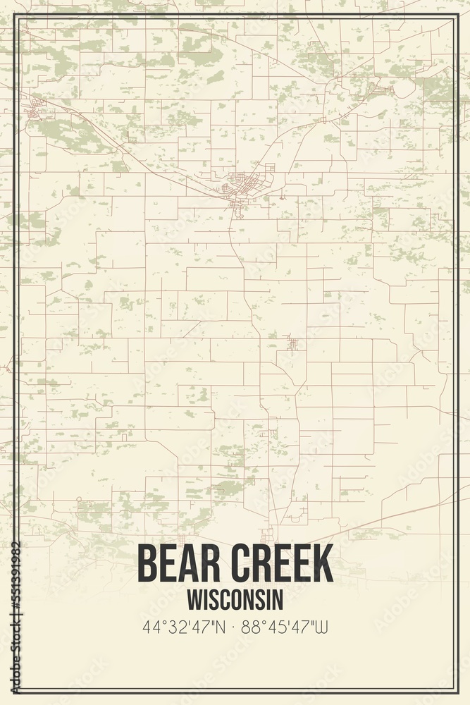 Retro US city map of Bear Creek, Wisconsin. Vintage street map. Retro US city map of Bear Creek, Wisconsin. Vintage street map.