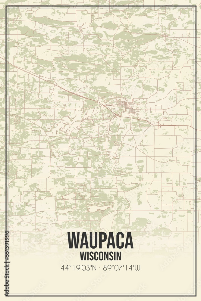 Retro US city map of Waupaca, Wisconsin. Vintage street map.
