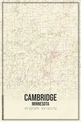 Retro US city map of Cambridge, Minnesota. Vintage street map.