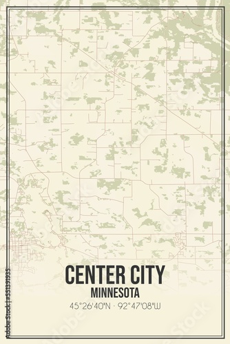 Fototapeta Naklejka Na Ścianę i Meble -  Retro US city map of Center City, Minnesota. Vintage street map.