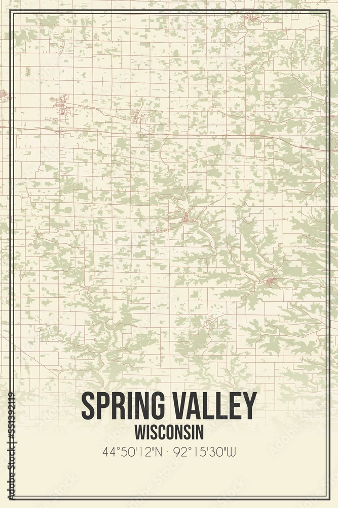 Retro US city map of Spring Valley, Wisconsin. Vintage street map.